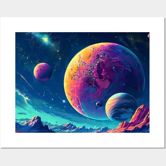 Fantasy Colorful Planets And Mountains In Space Wall Art by Sonja818